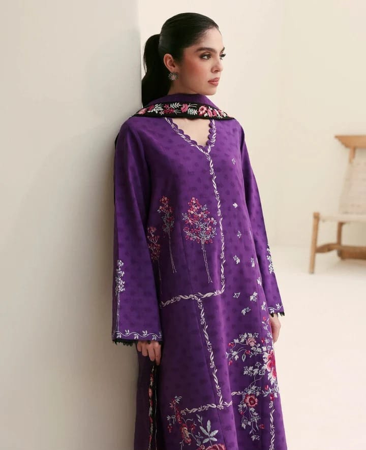 Dhanak Embroidered Unstitched 3 Piece Suit with Wool Printed Shawl, Purple (view 3)