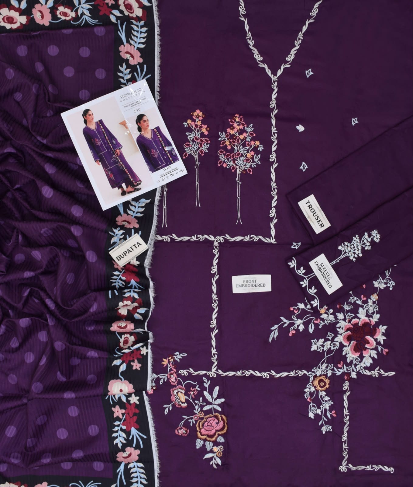 Dhanak Embroidered Unstitched 3 Piece Suit with Wool Printed Shawl, Purple (view 4)