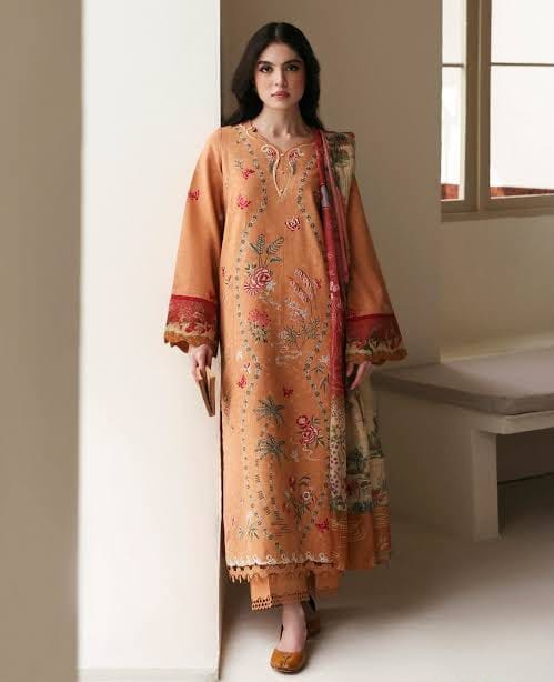 Dhanak Embroidered Unstitched 3 Piece Suit with Wool Printed Shawl, Rust Orange