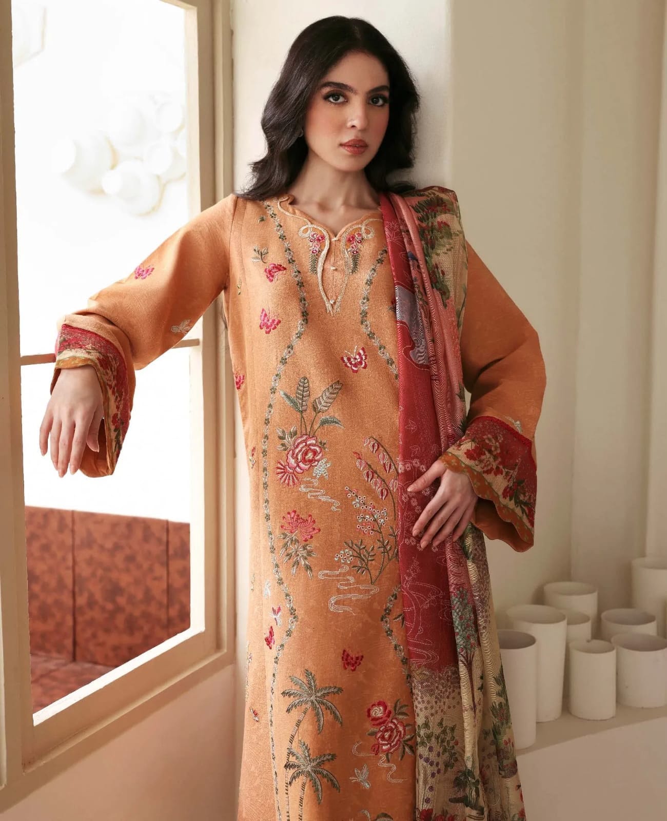 Dhanak Embroidered Unstitched 3 Piece Suit with Wool Printed Shawl, Rust Orange (view 2)