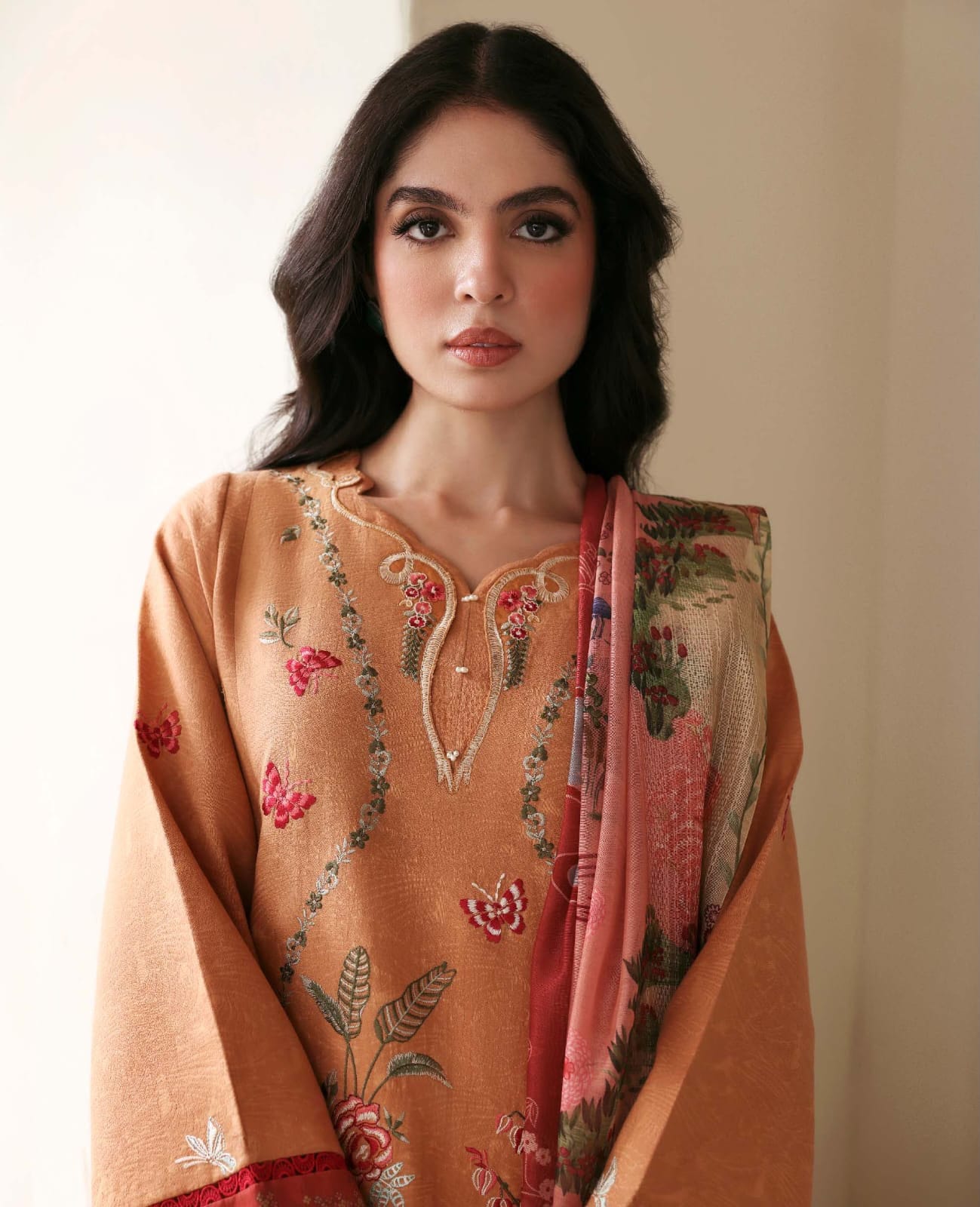 Dhanak Embroidered Unstitched 3 Piece Suit with Wool Printed Shawl, Rust Orange (view 3)