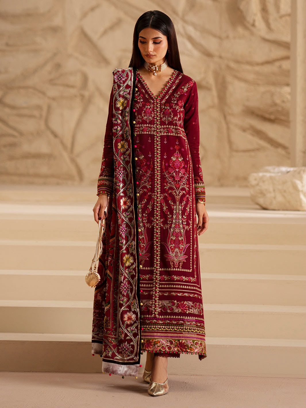 Dhanak Heavy Embroidered Unstitched 3 Piece Suit with Embroidered Wool Shawl, Maroon
