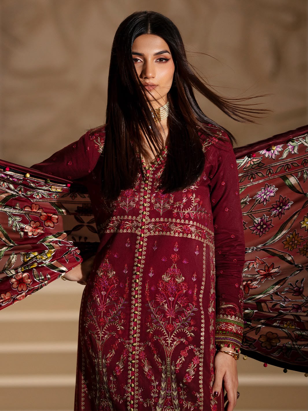 Dhanak Heavy Embroidered Unstitched 3 Piece Suit with Embroidered Wool Shawl, Maroon (view 2)