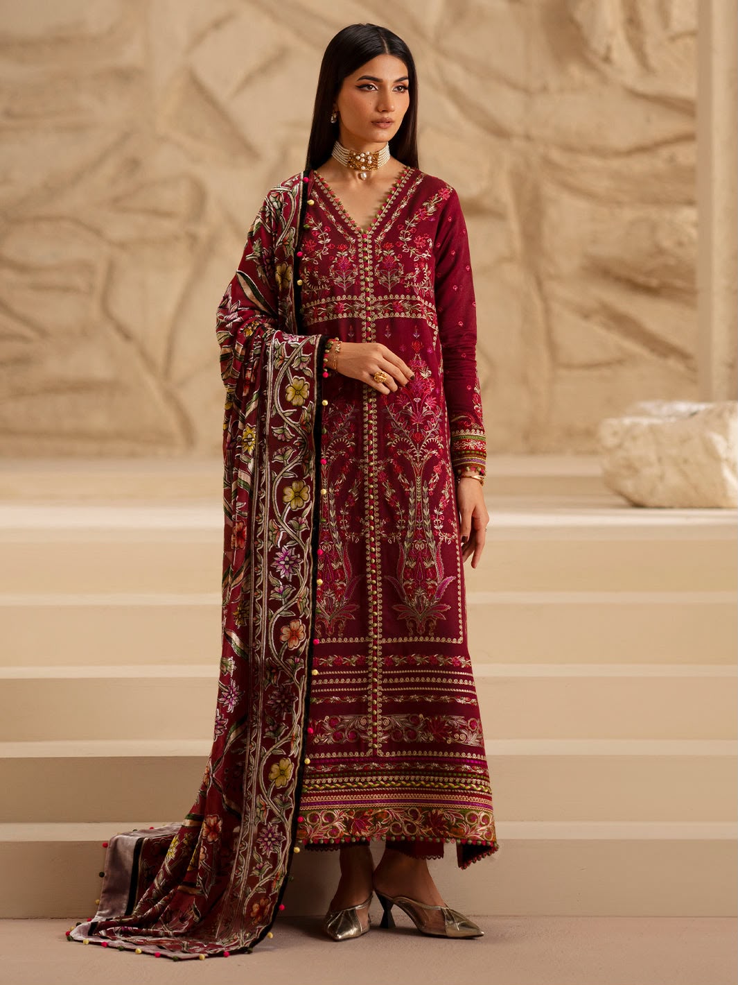 Dhanak Heavy Embroidered Unstitched 3 Piece Suit with Embroidered Wool Shawl, Maroon (view 3)