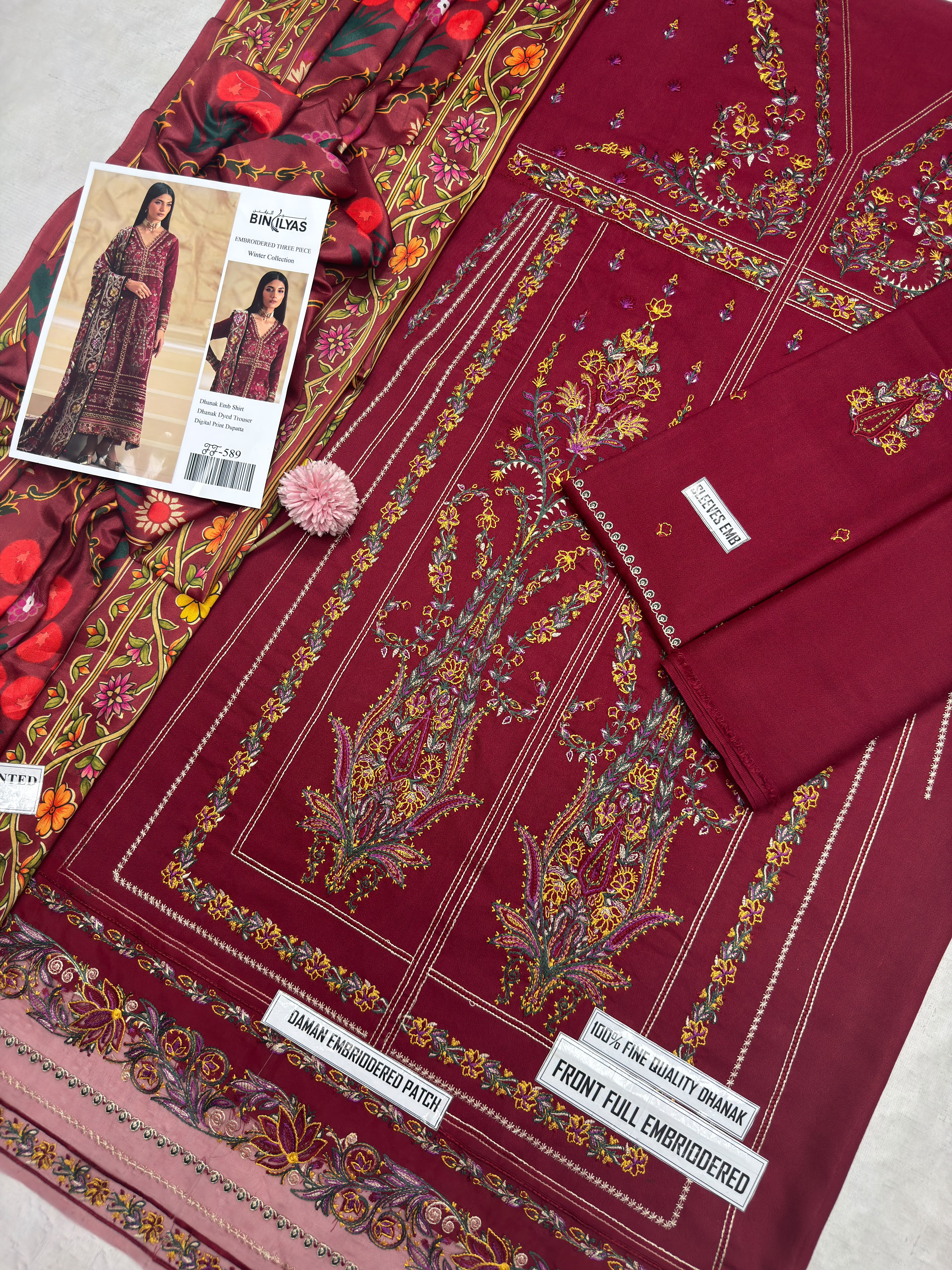 Dhanak Heavy Embroidered Unstitched 3 Piece Suit with Embroidered Wool Shawl, Maroon (view 4)