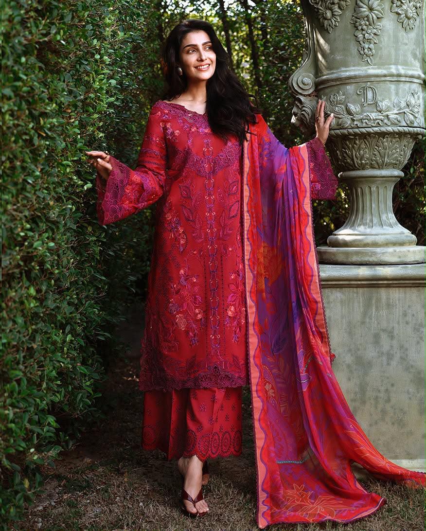 Dhanak Heavy Embroidered Unstitched 3 Piece Suit with Soft Twill Wool Printed Shawl, Red