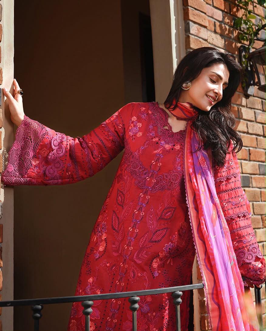 Dhanak Heavy Embroidered Unstitched 3 Piece Suit with Soft Twill Wool Printed Shawl, Red (view 2)