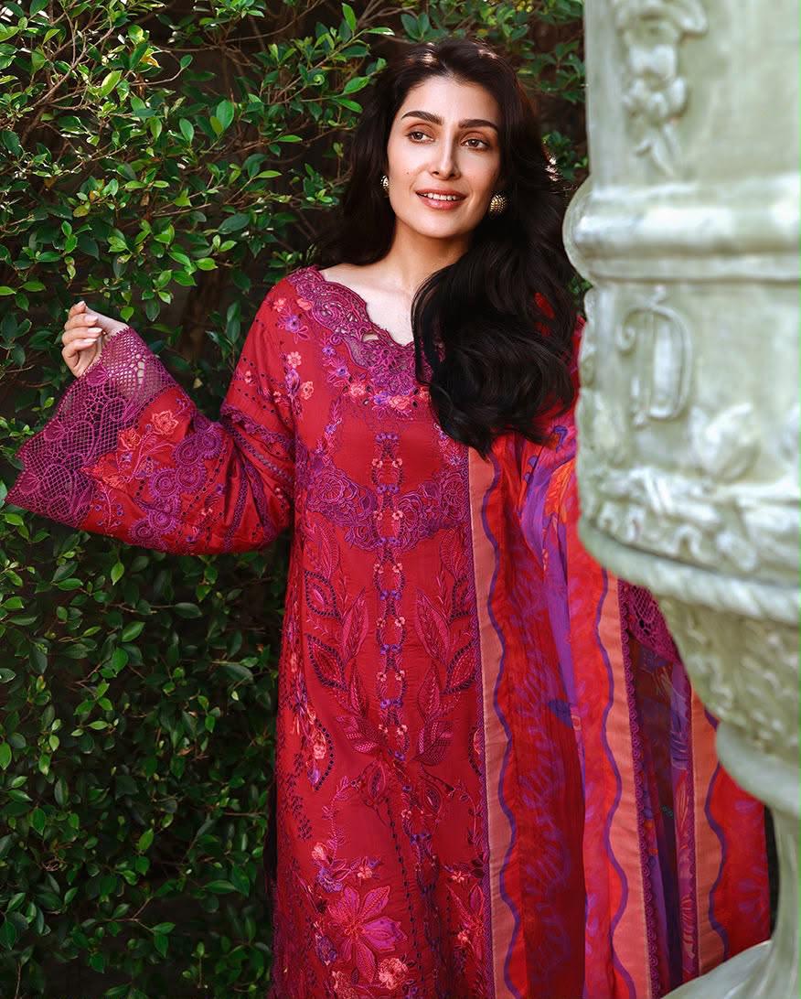 Dhanak Heavy Embroidered Unstitched 3 Piece Suit with Soft Twill Wool Printed Shawl, Red (view 3)