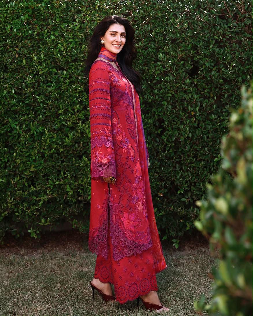 Dhanak Heavy Embroidered Unstitched 3 Piece Suit with Soft Twill Wool Printed Shawl, Red (view 4)
