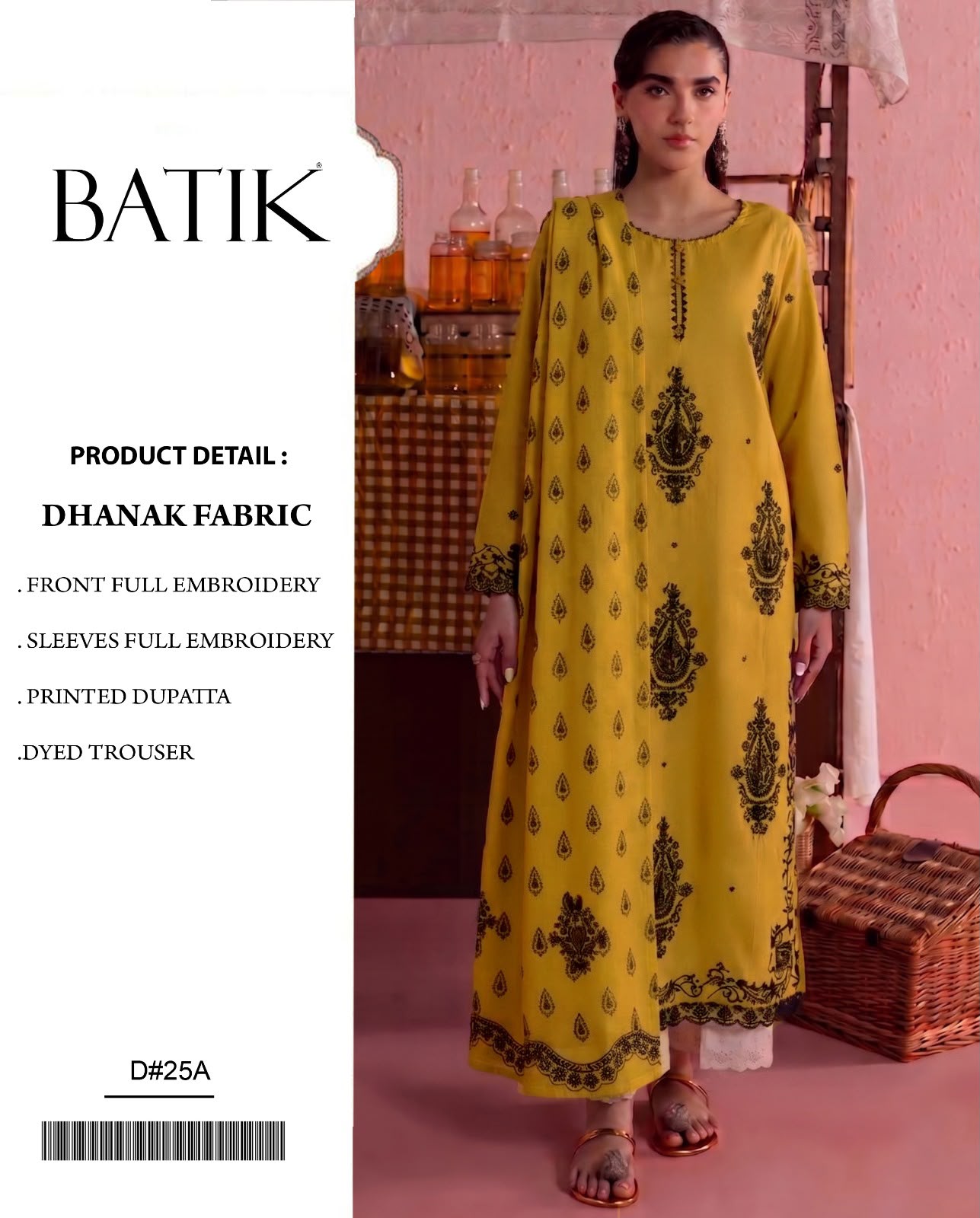 Dhanak Series D-25A – Embroidered Dhanak 3 Piece Suit, Mustard