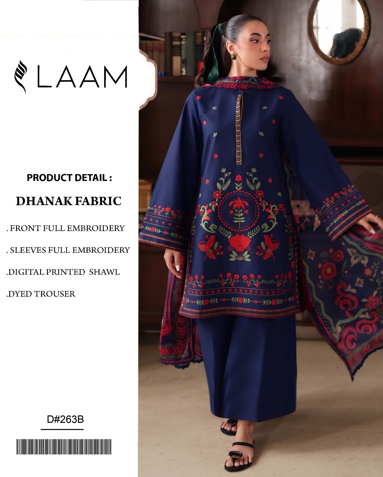 Dhanak Series D-263B – Embroidered Dhanak 3 Piece Suit, Navy Blue (Edition 2)