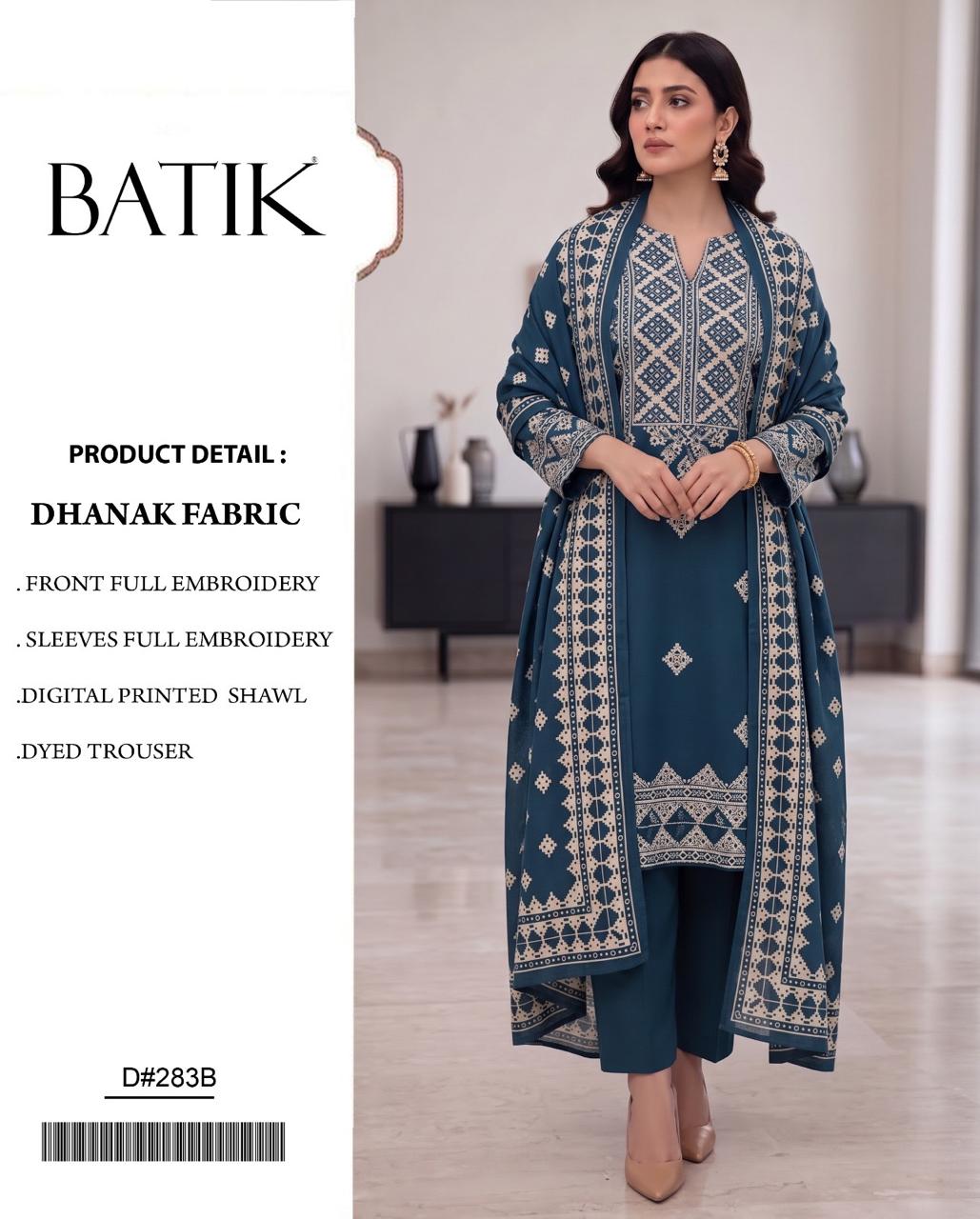 Dhanak Series D-283B – Embroidered Dhanak 3 Piece Suit, Petrol Blue