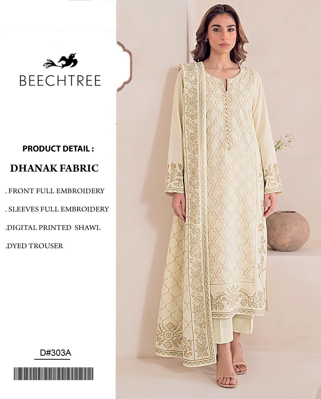 Dhanak Series D-303A – Embroidered Dhanak 3 Piece Suit, Cream