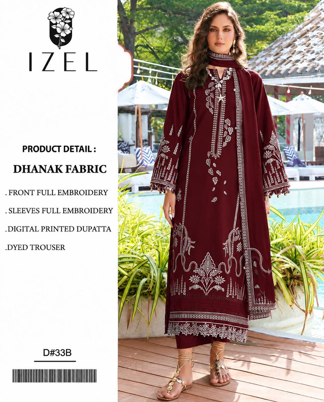 Dhanak Series D-33B – Embroidered Dhanak 3 Piece Suit, Maroon