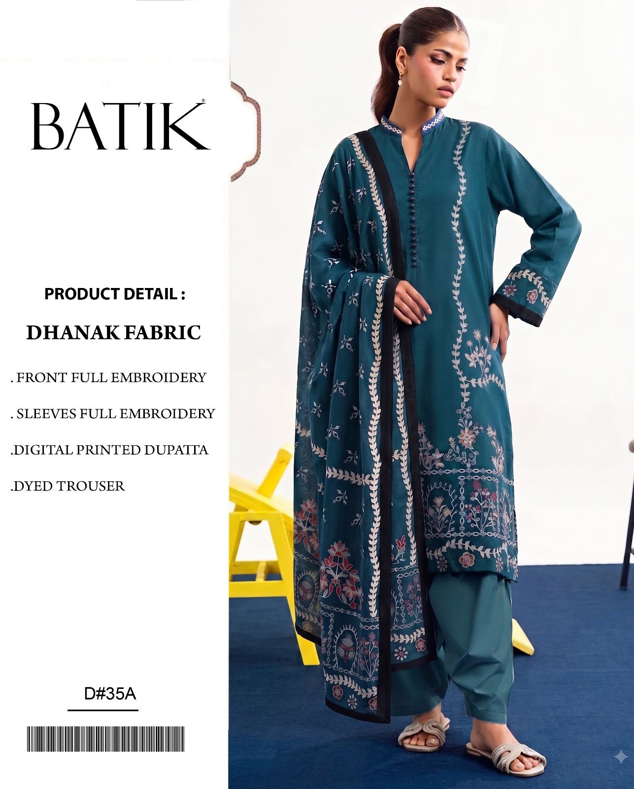 Dhanak Series D-35A – Embroidered Dhanak 3 Piece Suit, Teal