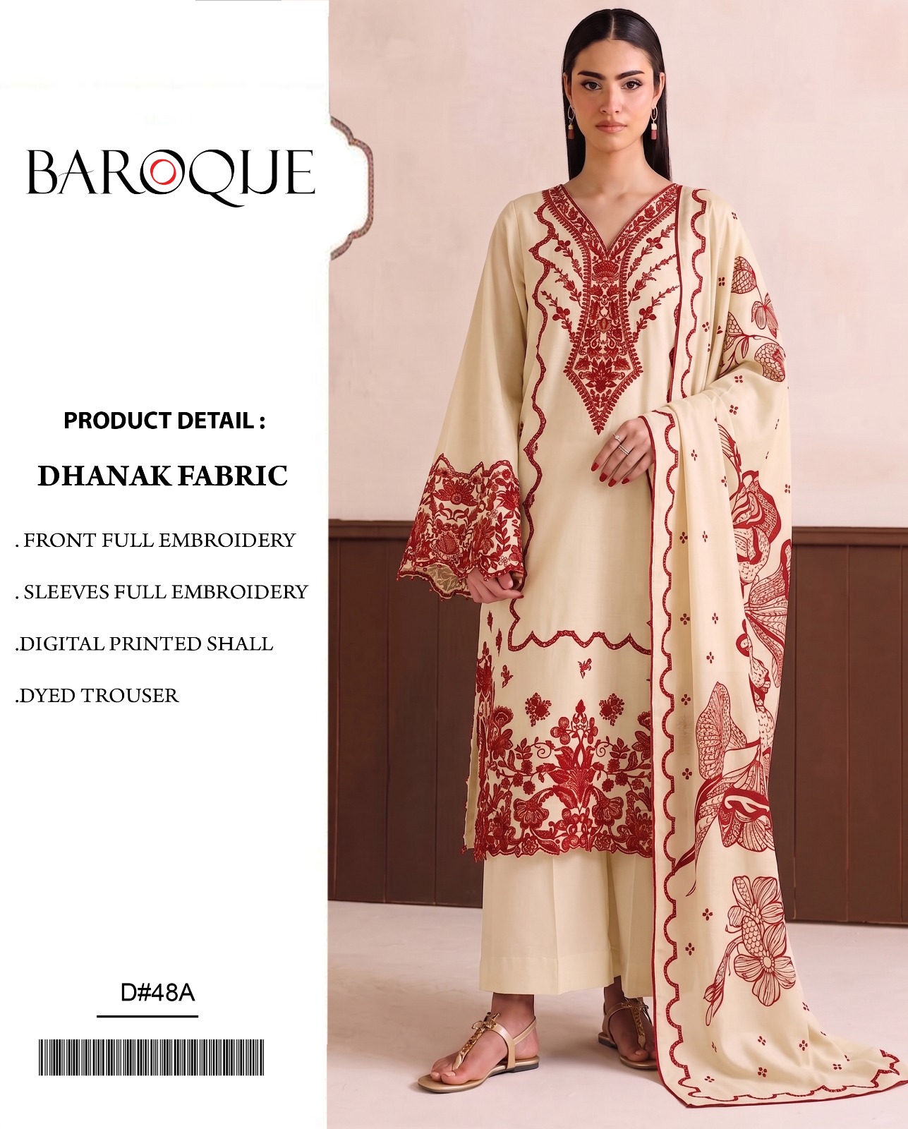Dhanak Series D-48A – Embroidered Dhanak 3 Piece Suit, Cream & Red