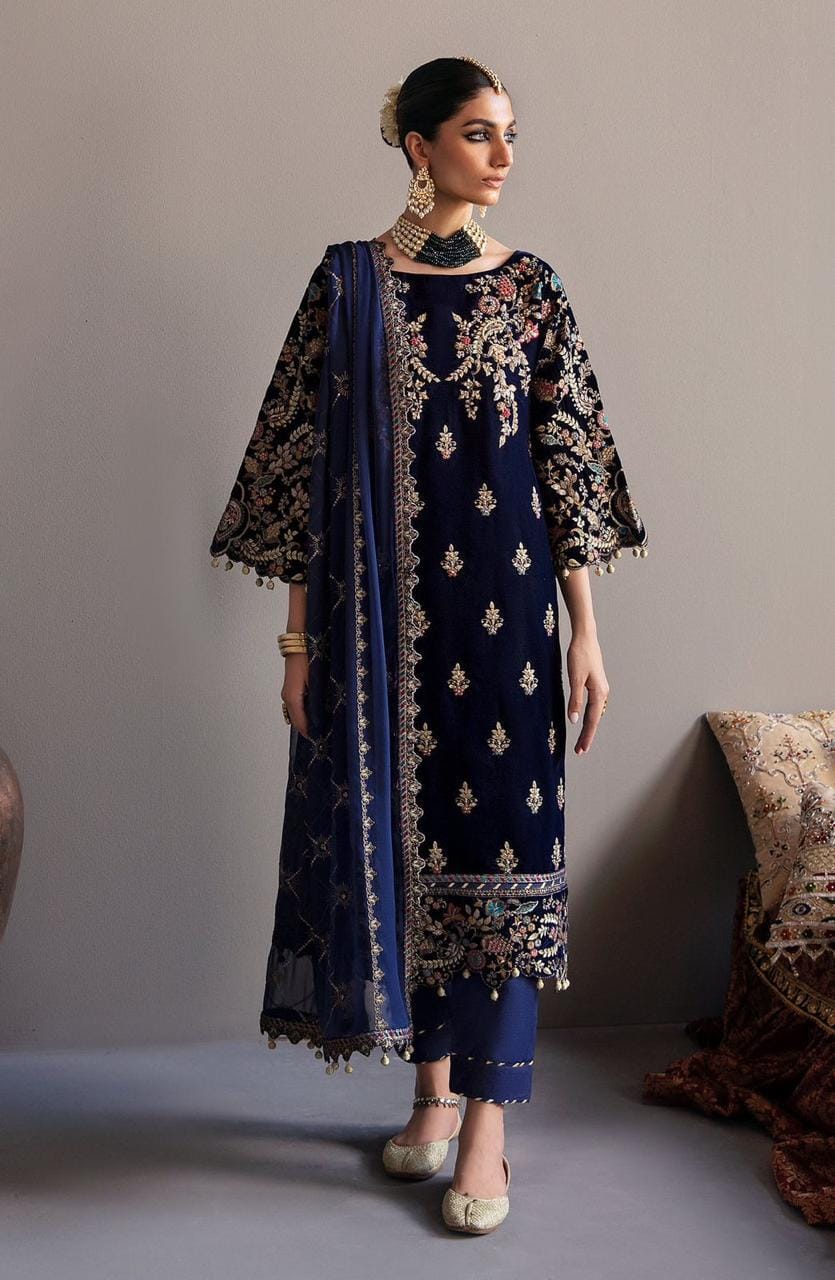 Emaan Adeel Embroidered Velvet Suit, Navy Blue