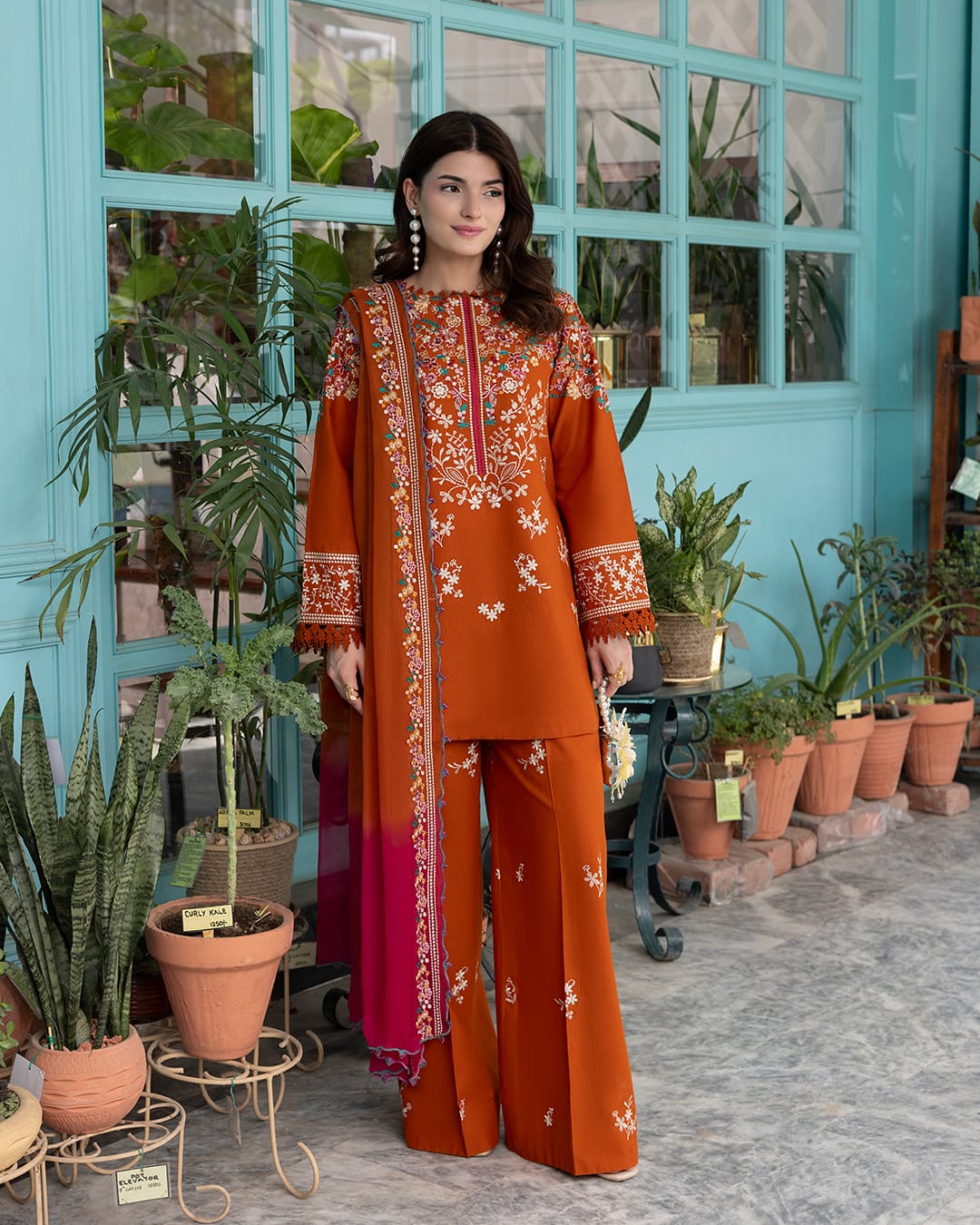 Floral Embroidered Winter Suit – Rust & Olive