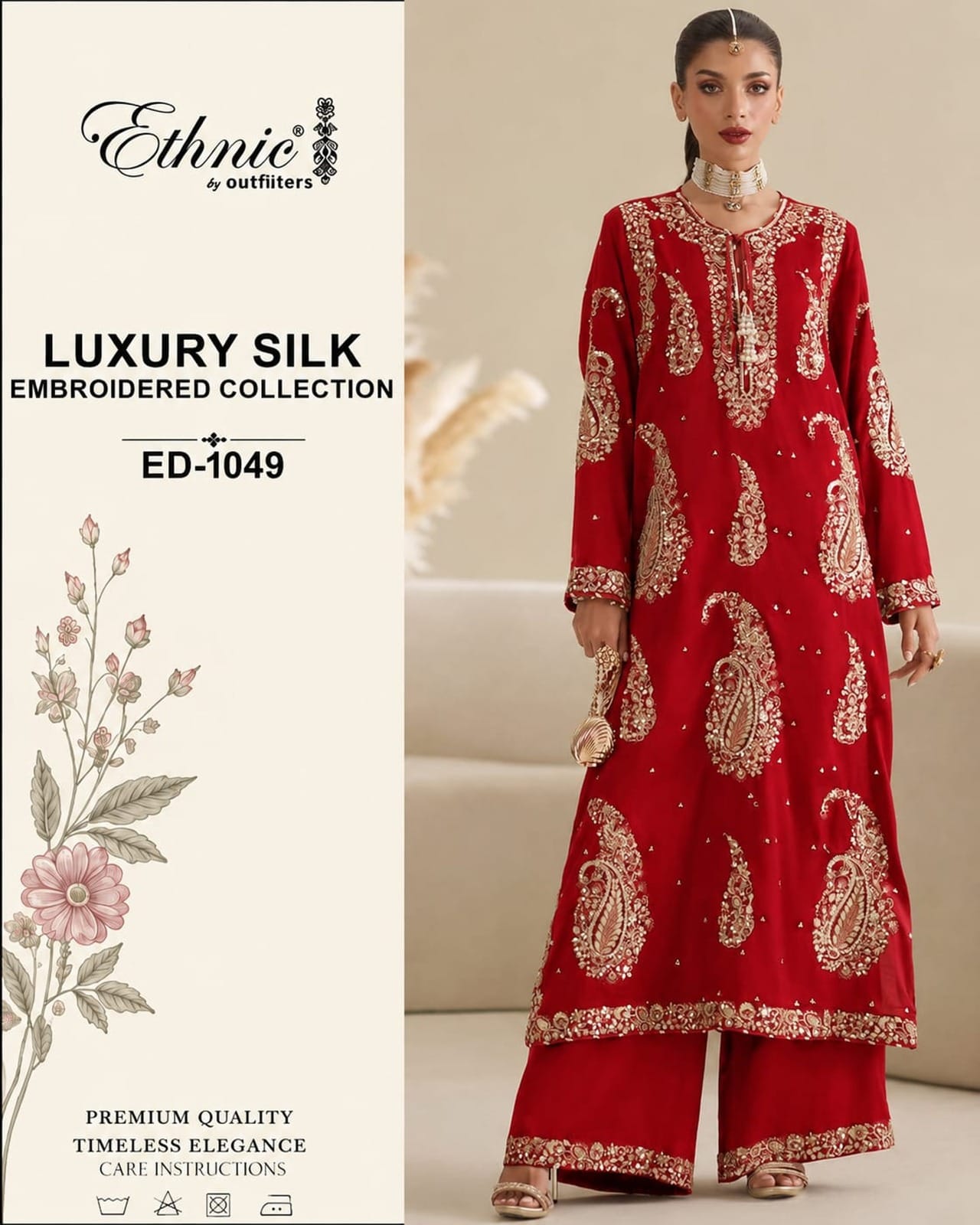 Ethnic Luxury Silk Embroidered Collection ED-1049 – Embroidered Shamoz Silk 2 Piece Suit, Red