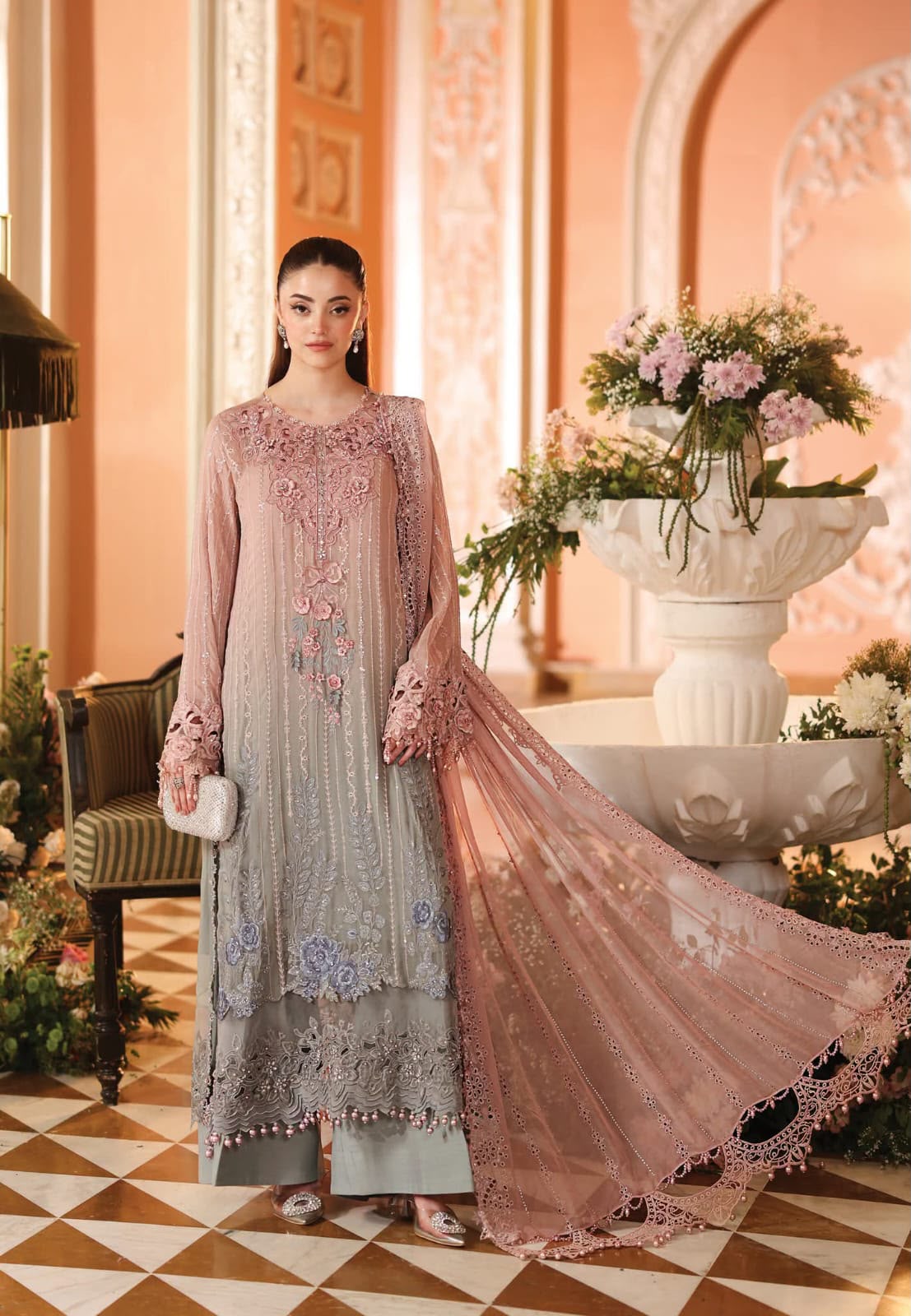 Heavy Embroidered Chiffon Suit, Dusty Teal (Style 2)