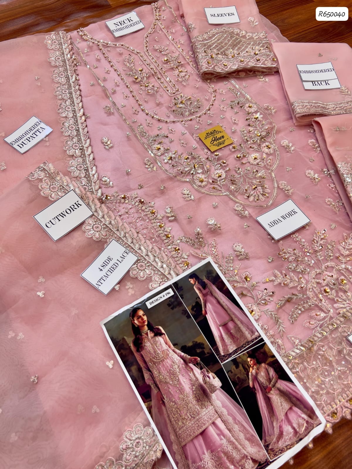 Heer Luxury Organza Heavy Embroidered Unstitched Wedding Suit with Lehenga and Embroidered Organza Dupatta, Blush Pink (view 3)
