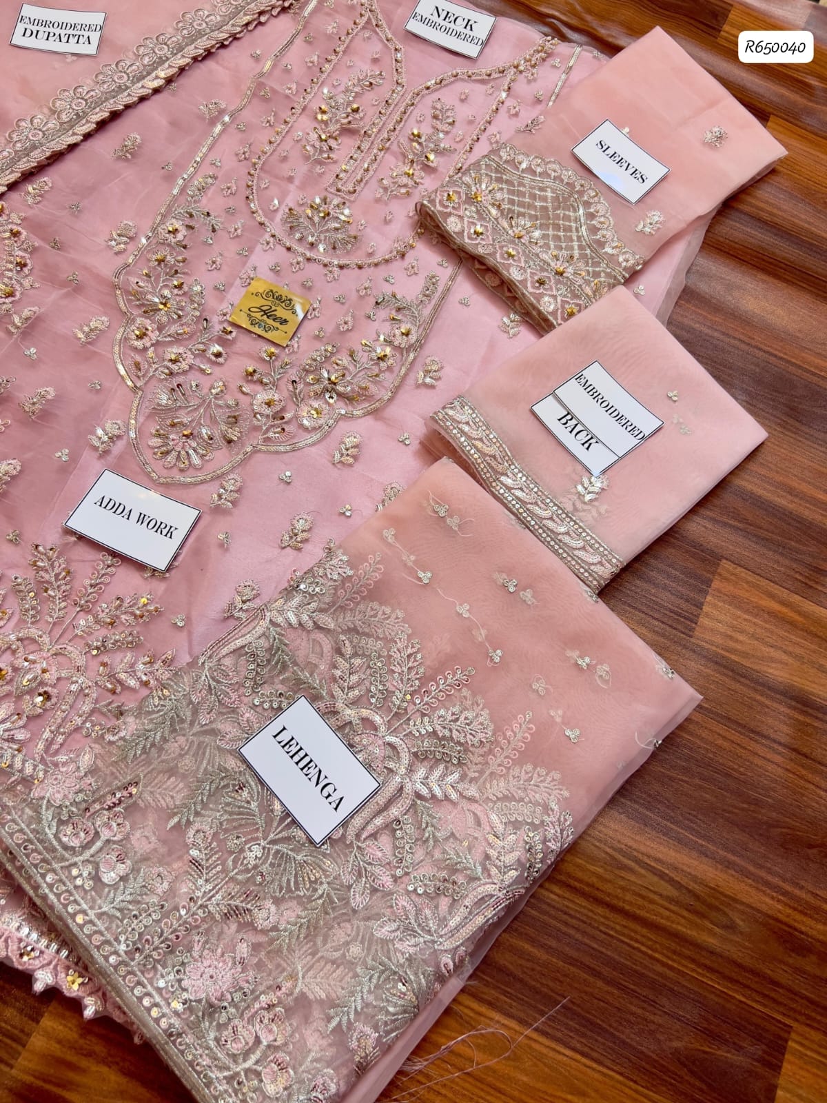 Heer Luxury Organza Heavy Embroidered Unstitched Wedding Suit with Lehenga and Embroidered Organza Dupatta, Blush Pink (view 4)