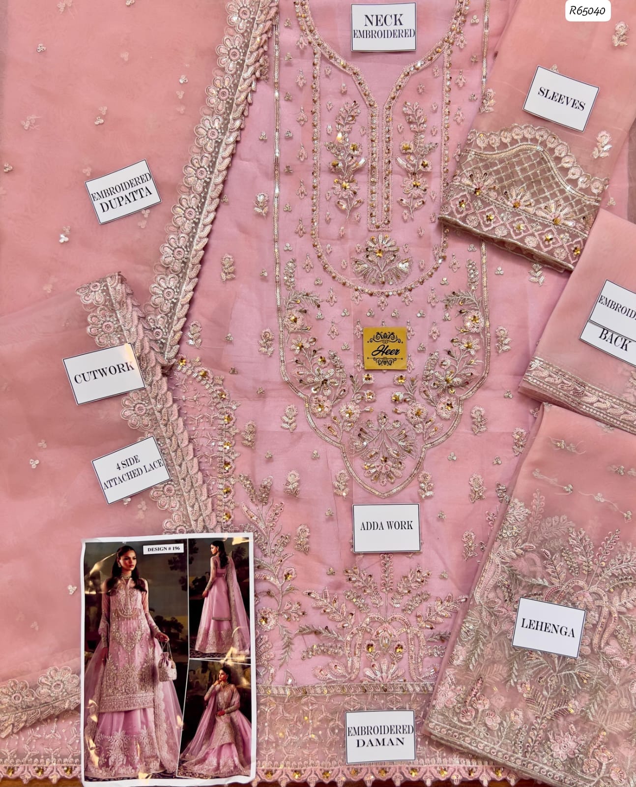 Heer Luxury Organza Heavy Embroidered Unstitched Wedding Suit with Lehenga and Embroidered Organza Dupatta, Blush Pink (view 2)