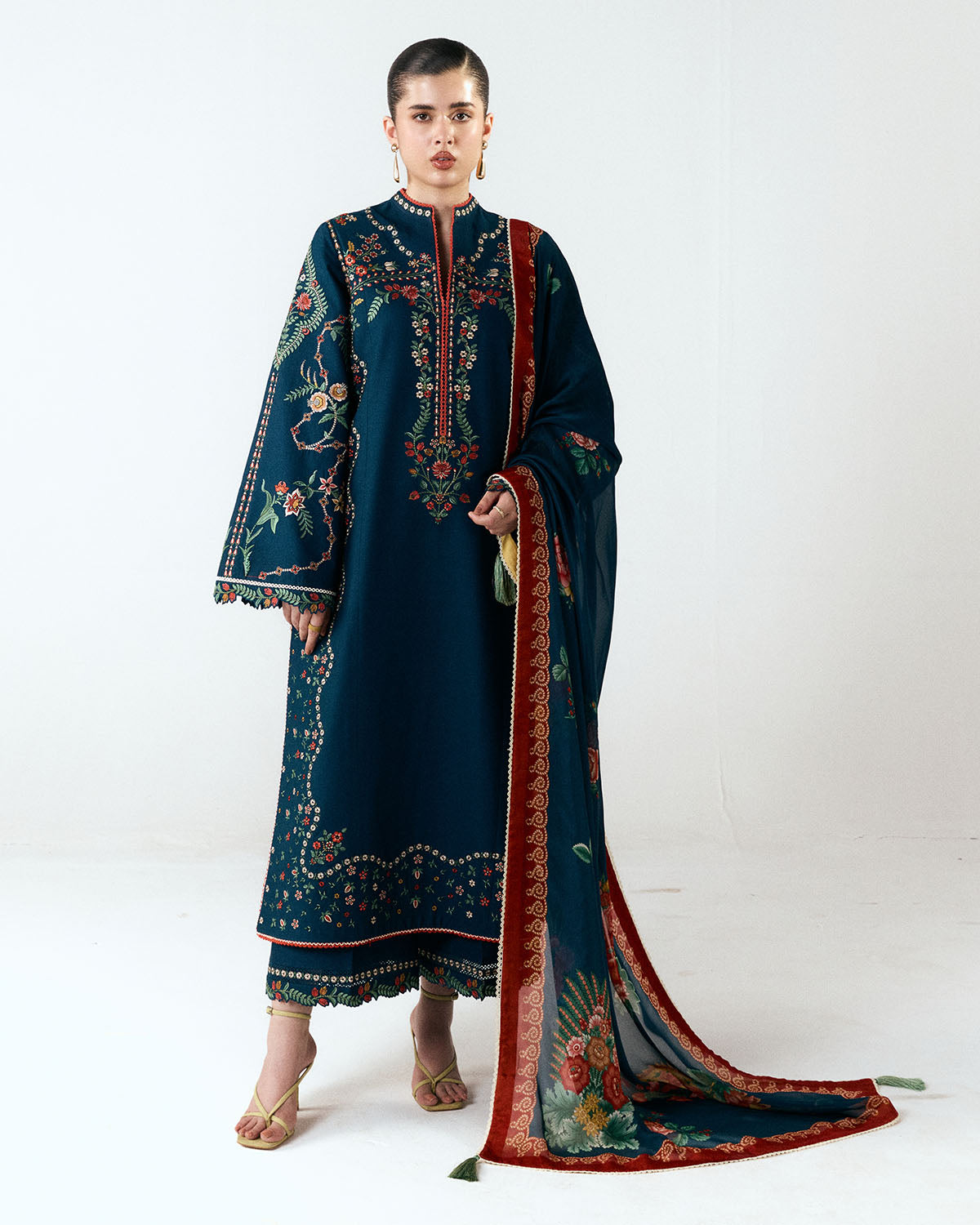 Hussain Rehar Dhanak Embroidered 3 Piece Unstitched Suit with Digital Printed Wool Shawl