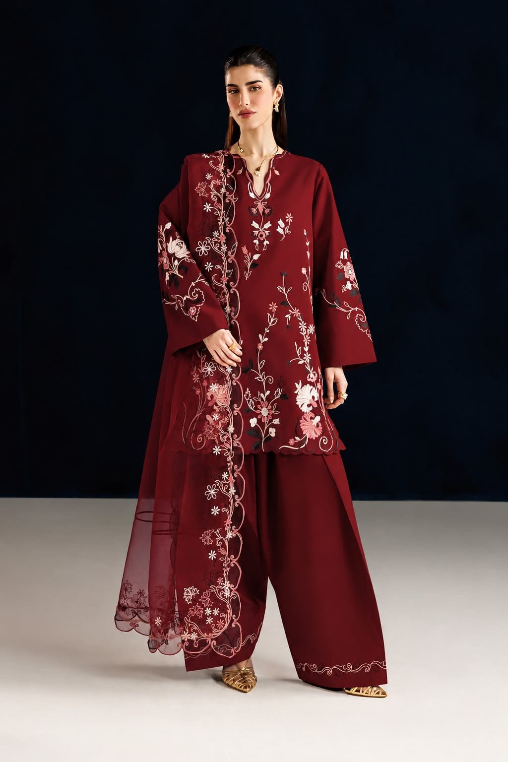 Iznik Dhanak Embroidered Luxury Unstitched 3 Piece Suit with Embroidered Dhanak Shawl, Maroon