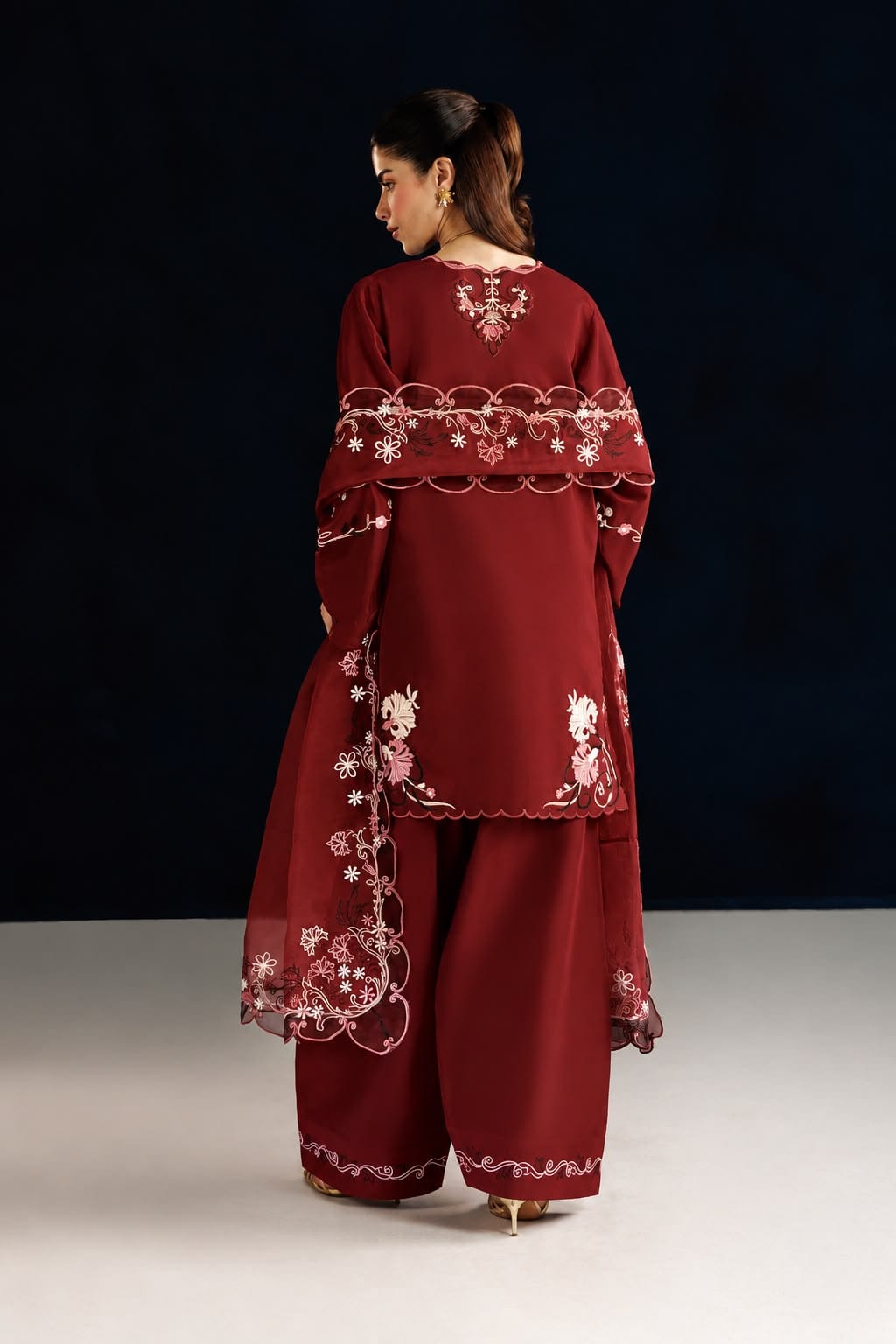 Iznik Dhanak Embroidered Luxury Unstitched 3 Piece Suit with Embroidered Dhanak Shawl, Maroon (view 2)