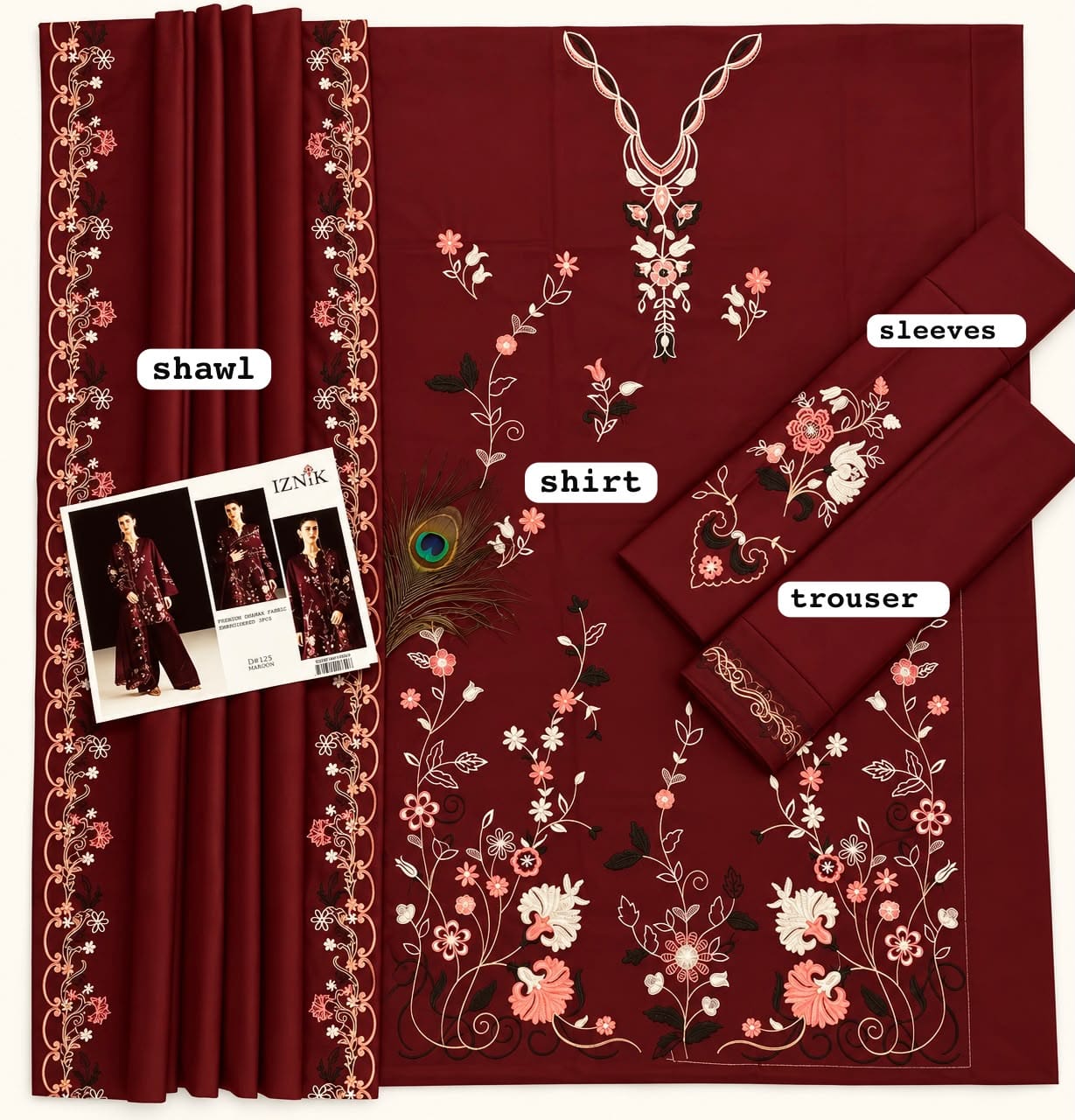 Iznik Dhanak Embroidered Luxury Unstitched 3 Piece Suit with Embroidered Dhanak Shawl, Maroon (view 4)