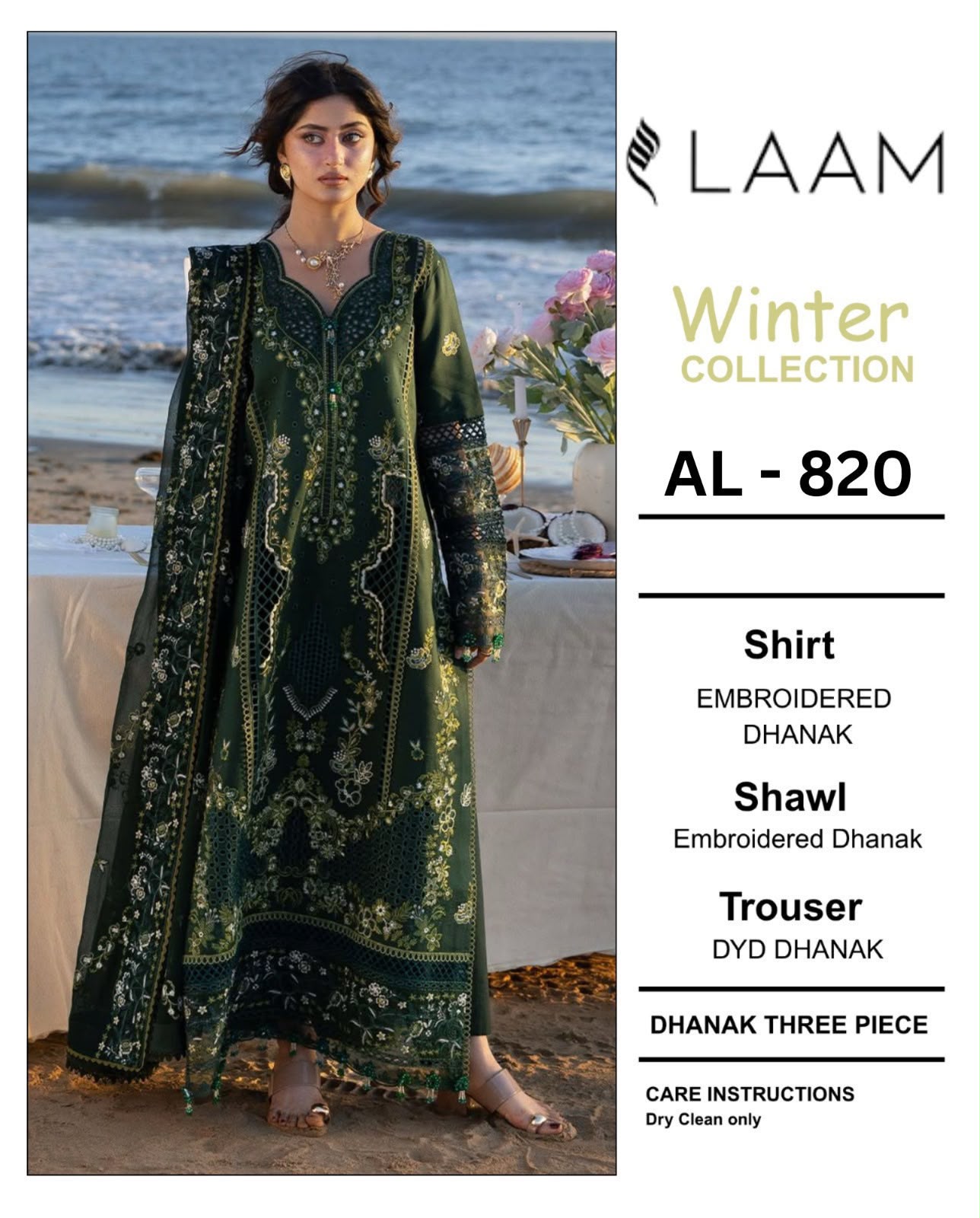 Laam Winter Collection AL-820 – Embroidered Dhanak Suit, Green