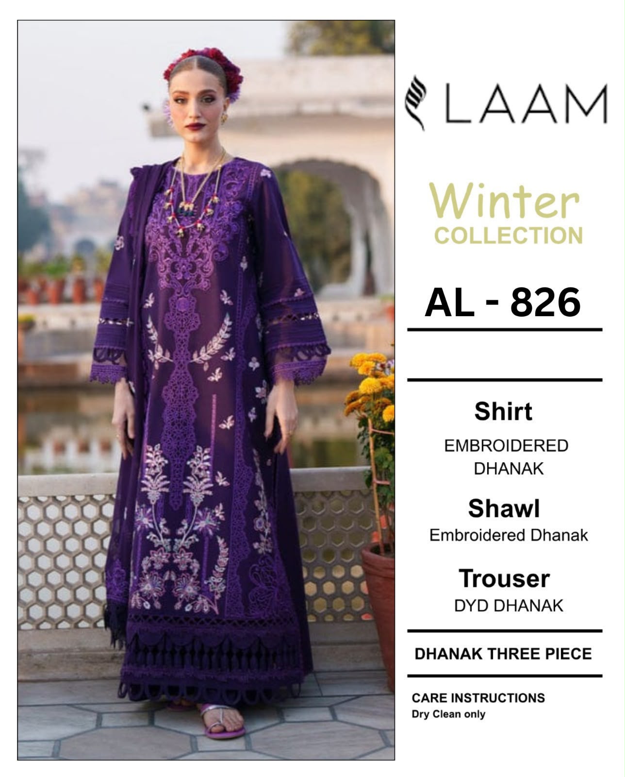 Laam Winter Collection AL-826 – Embroidered Dhanak Suit, Purple