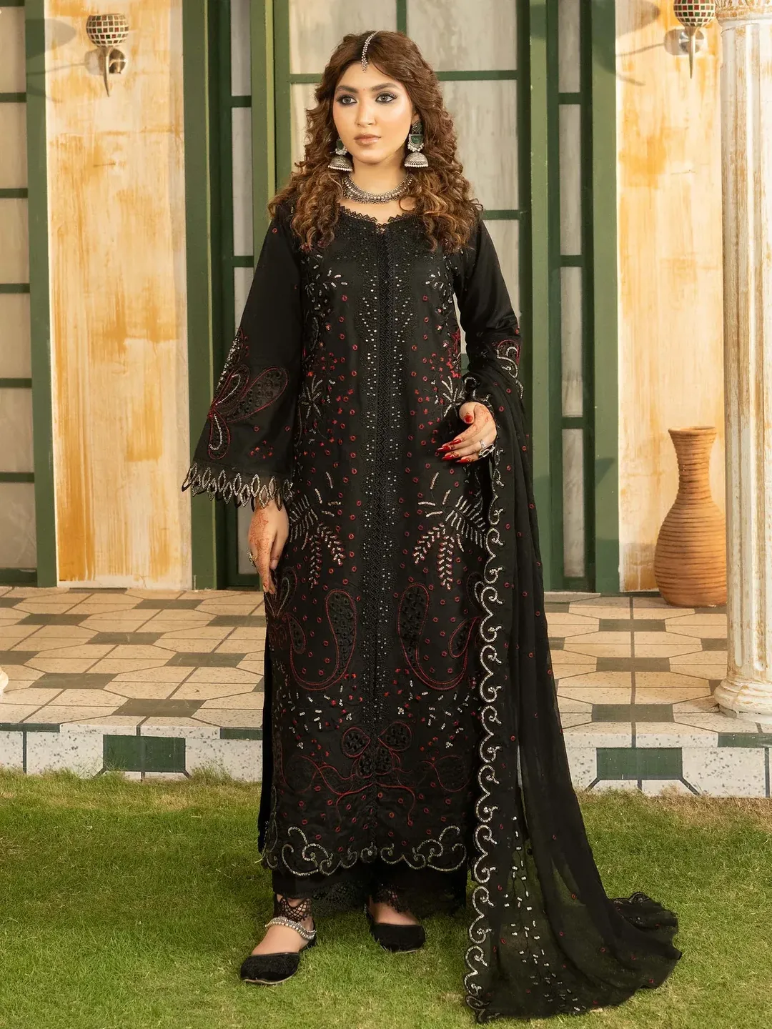 Lehran - U4B Women's Stitched Embroidered Lawn Suit – 3 Pcs In Black
