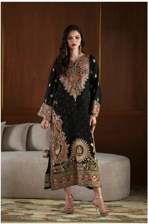 Luxury Kaftan Collection EK-E1098-26 – Charmoush Silk Heavy Embroidered 3 Piece Suit, Black