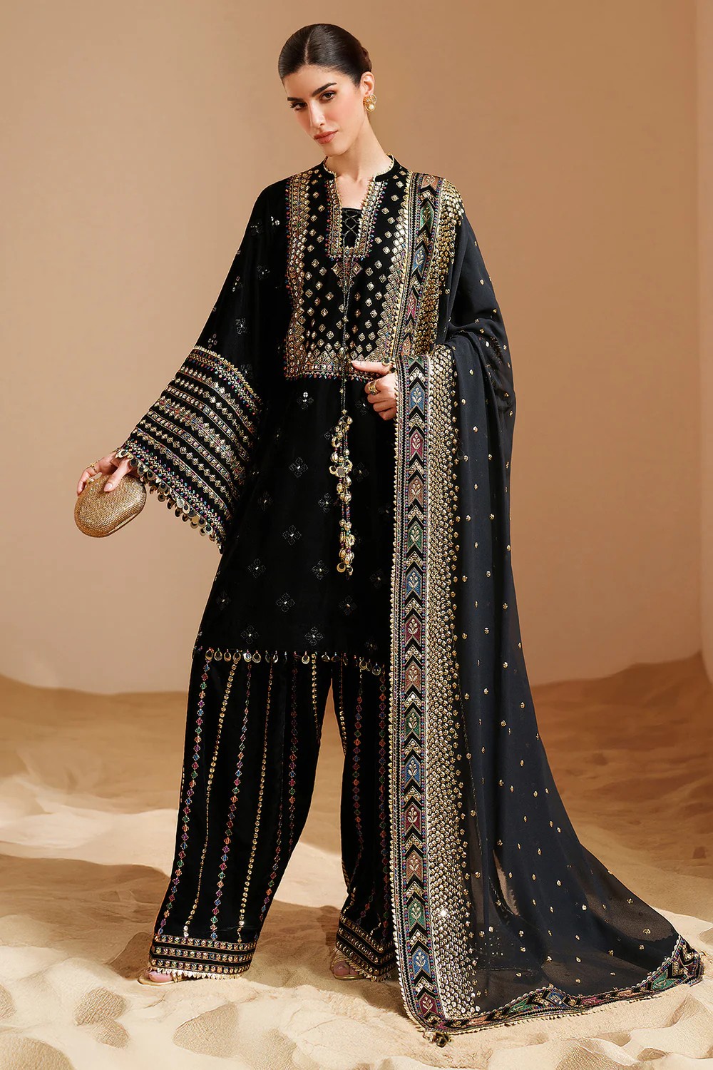 Luxury Micro 9000 Velvet Heavy Embroidered 3 Piece Suit, Black