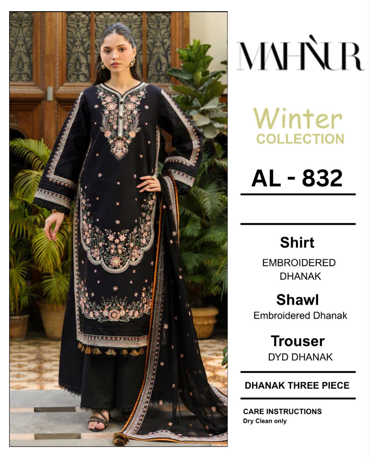 Mahnur Winter Collection AL-832 – Embroidered Dhanak Suit, Black