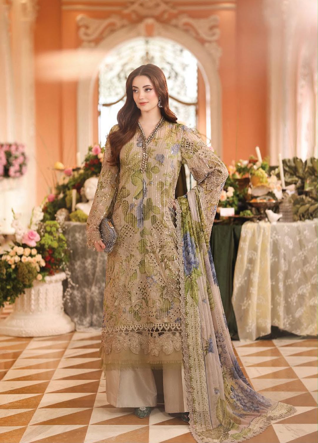 Maria.B Chiffon Collection 20K6 – Digital Print Embroidered Chiffon Suit, Olive Green