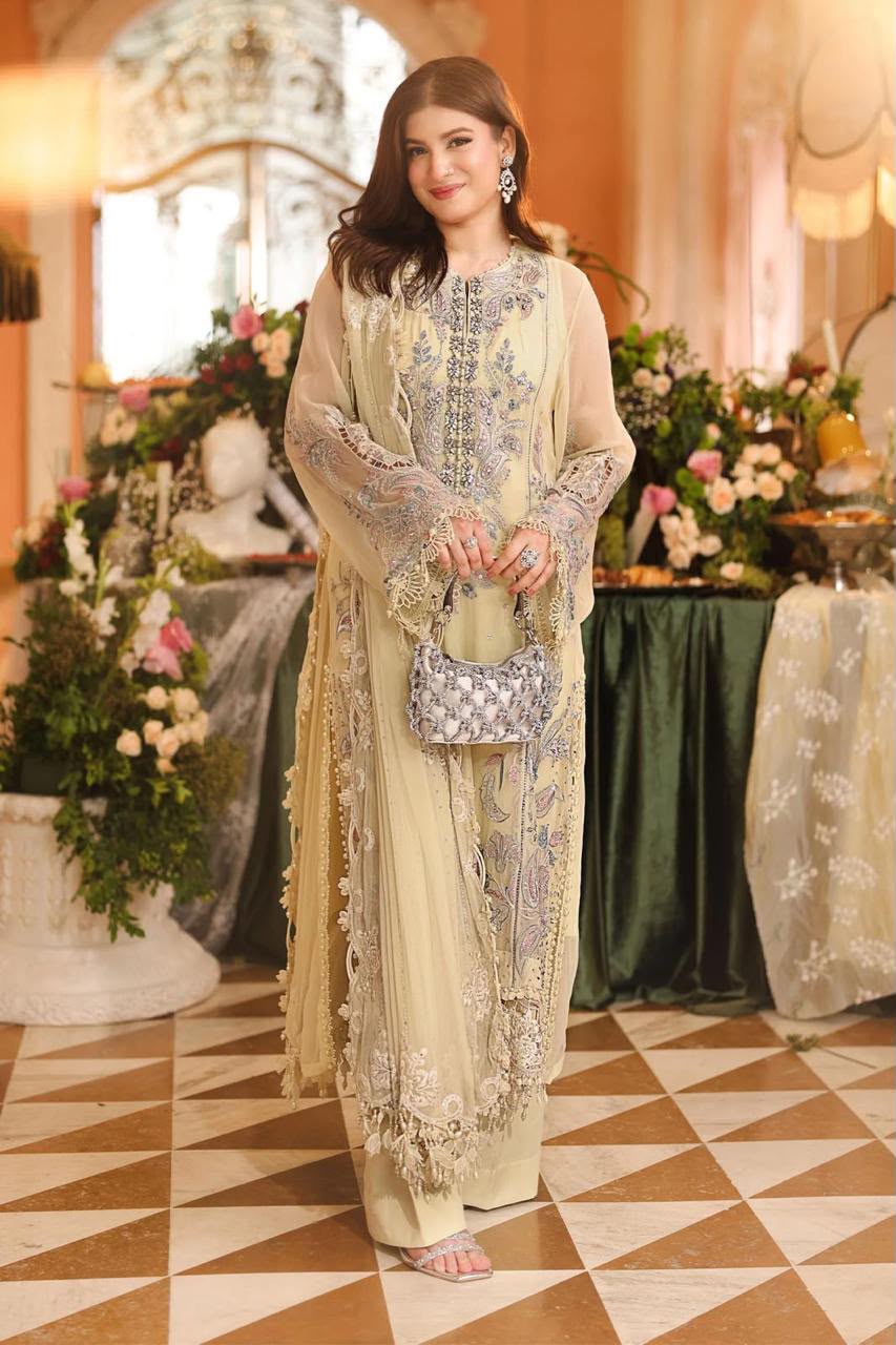 Maria.B Chiffon Collection 20K6 – Heavy Embroidered Chiffon Suit, Pale Yellow
