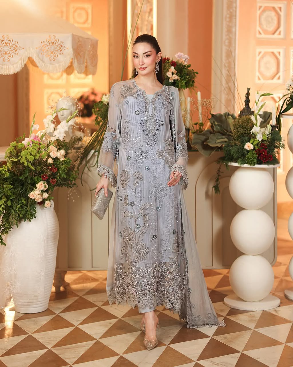Maria.B Chiffon Collection 20K6 – Heavy Sequin Embroidered Chiffon Suit, Silver Grey