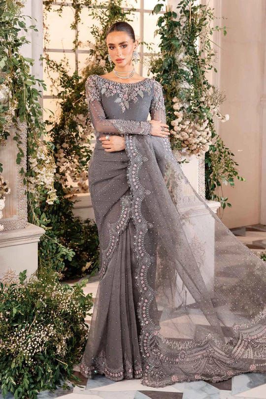 Maria B Exclusive Saree – Heavy Embroidered Net with Adda Work