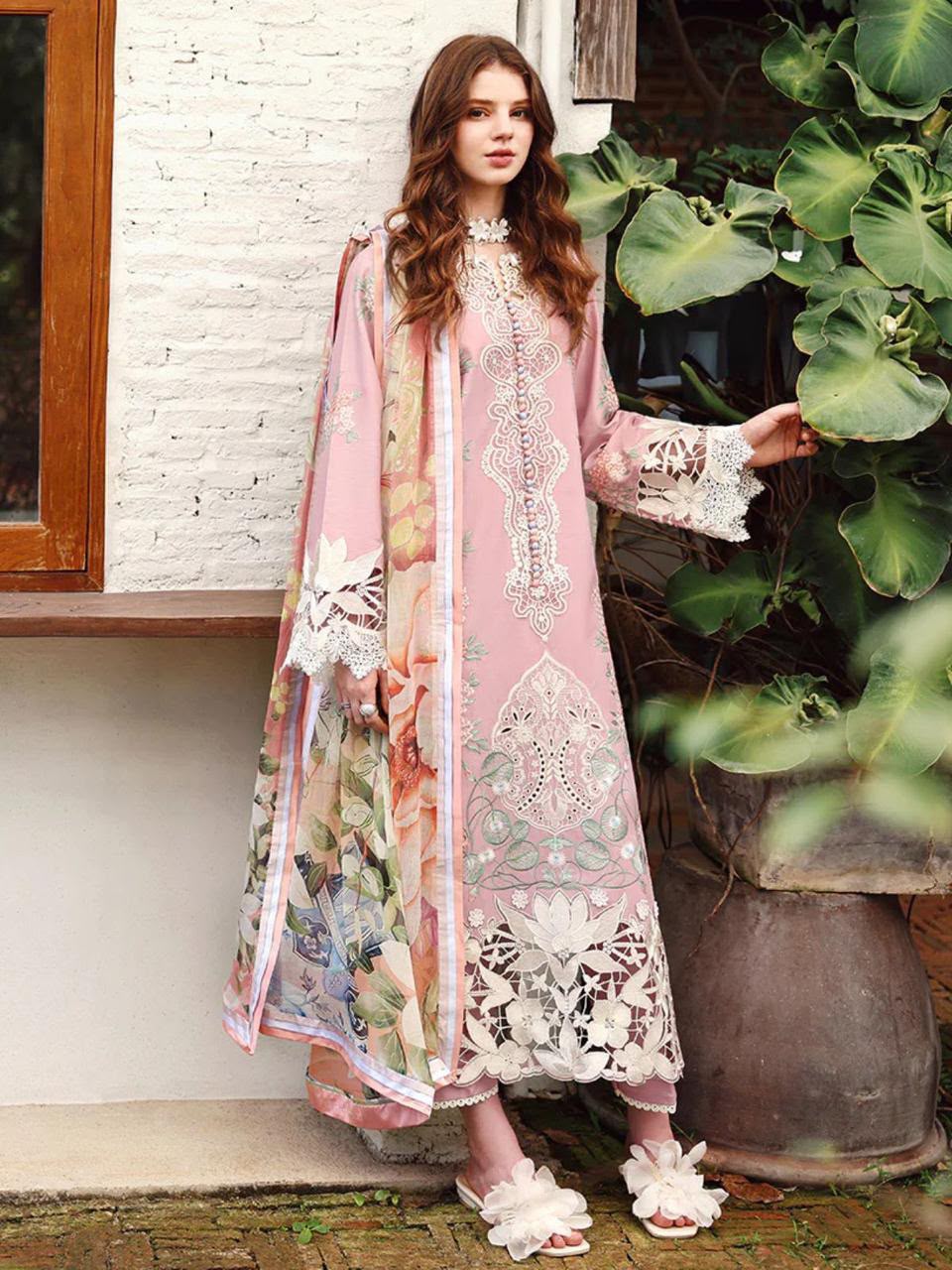 Mushq Airjet Dhanak Heavy Embroidered Unstitched 3 Piece Suit 121 with Printed Wool Shawl, Pink (view 3)
