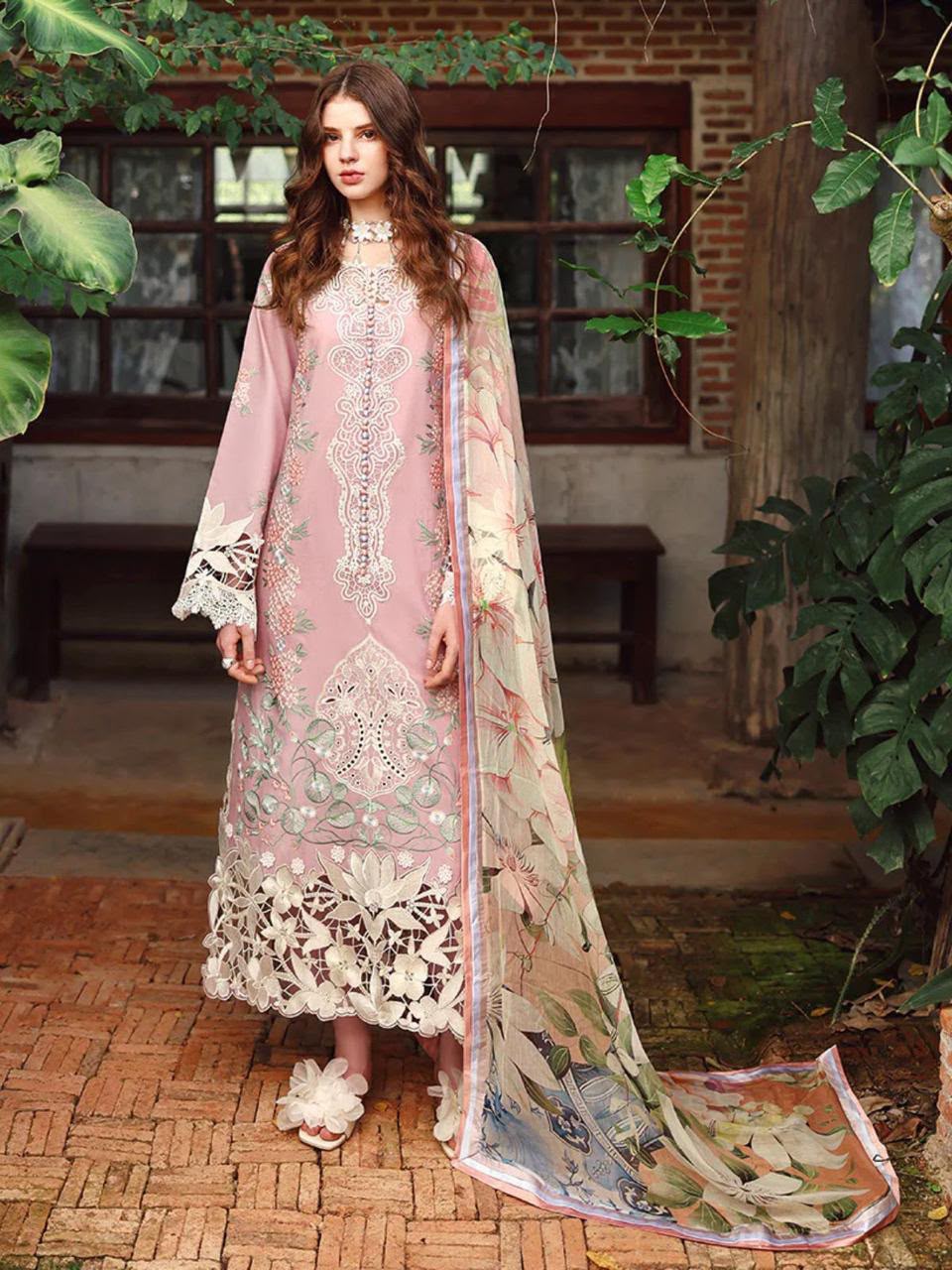 Mushq Airjet Dhanak Heavy Embroidered Unstitched 3 Piece Suit 121 with Printed Wool Shawl, Pink