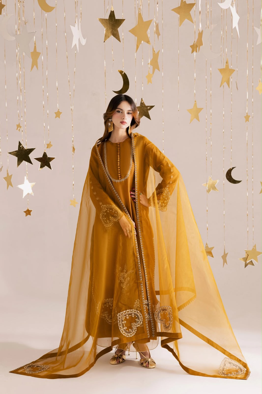 Organza Embroidered Unstitched 3 Piece Suit with Embroidered Organza Dupatta, Mustard