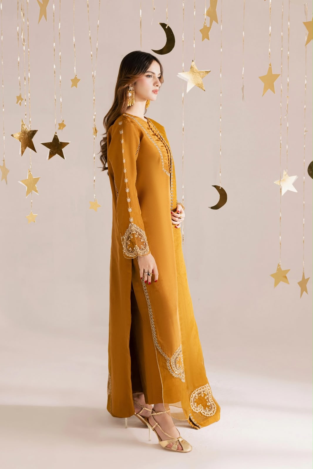 Organza Embroidered Unstitched 3 Piece Suit with Embroidered Organza Dupatta, Mustard (view 2)