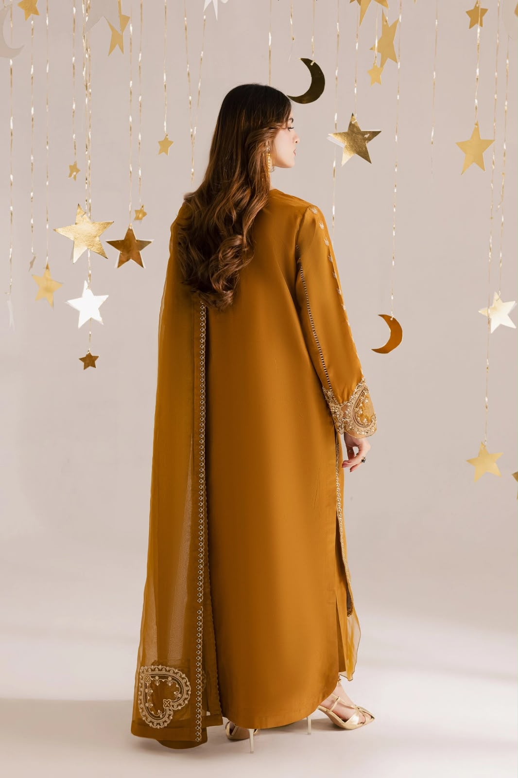 Organza Embroidered Unstitched 3 Piece Suit with Embroidered Organza Dupatta, Mustard (view 3)