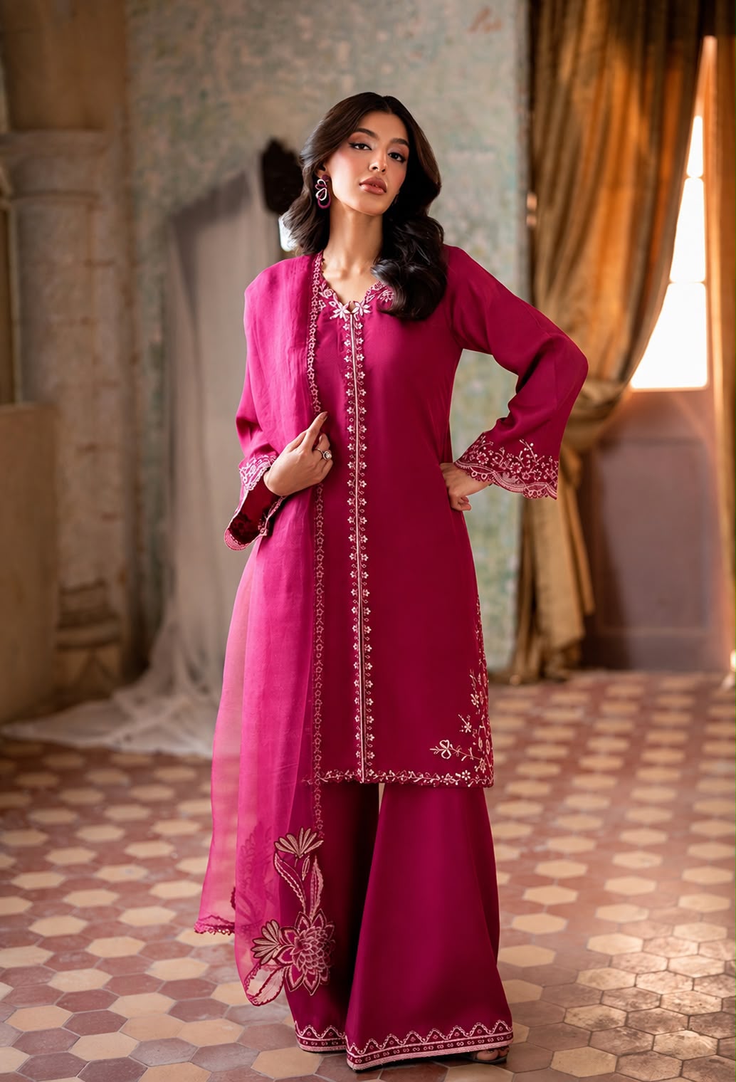 Organza Embroidered Unstitched 3 Piece Suit with Embroidered Organza Dupatta, Magenta Pink