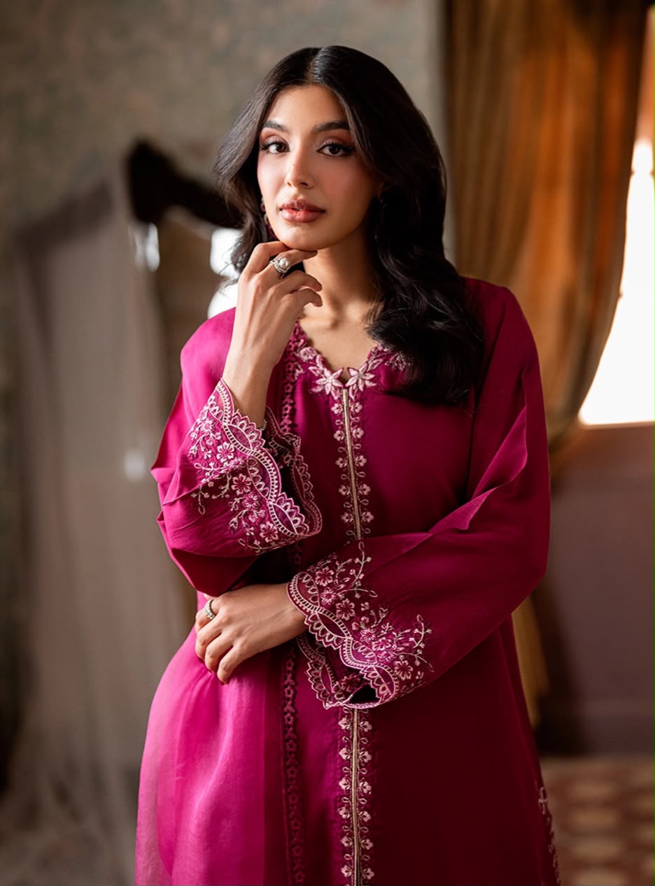 Organza Embroidered Unstitched 3 Piece Suit with Embroidered Organza Dupatta, Magenta Pink (view 2)