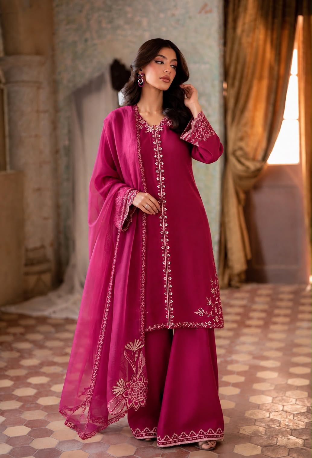 Organza Embroidered Unstitched 3 Piece Suit with Embroidered Organza Dupatta, Magenta Pink (view 3)