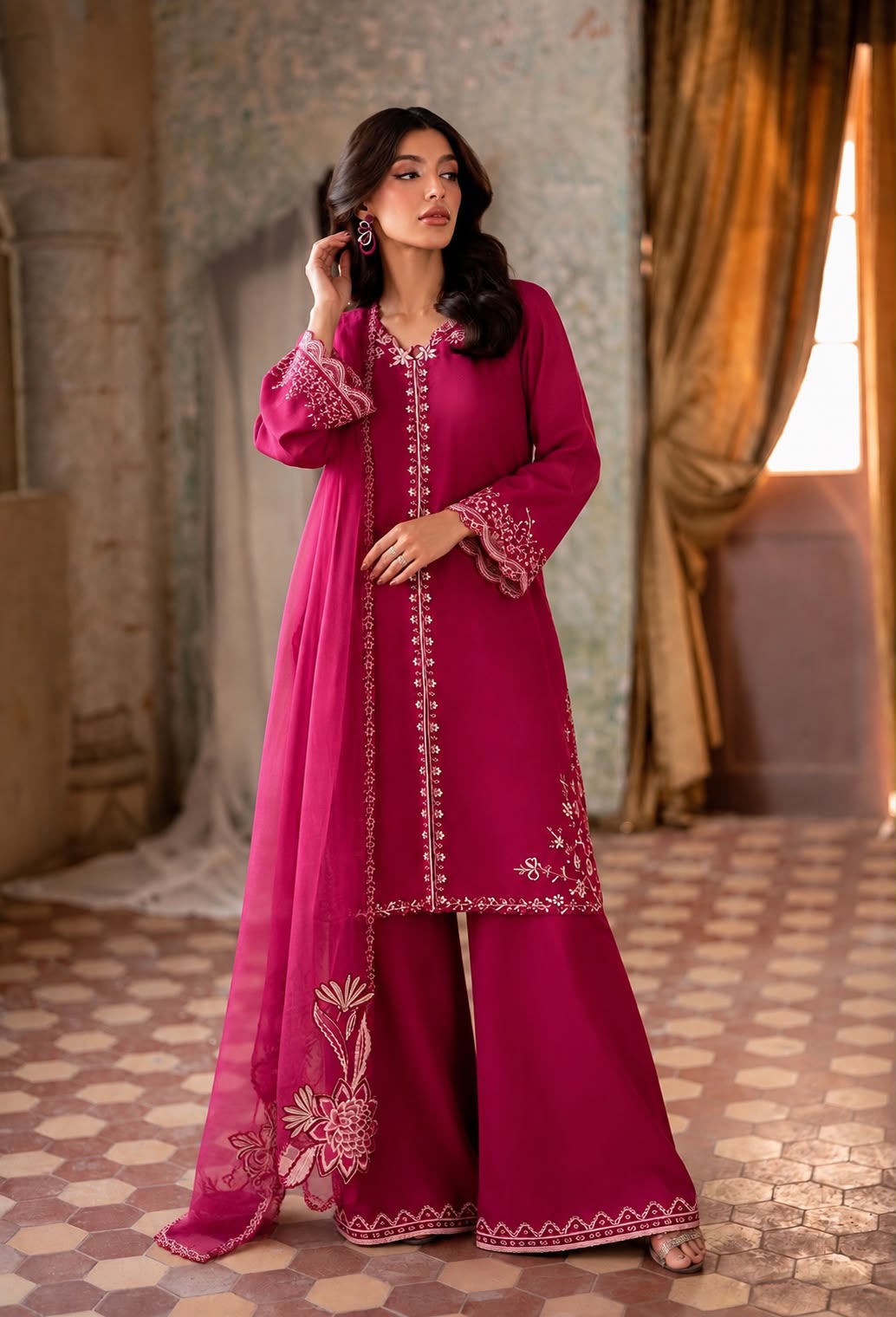 Organza Embroidered Unstitched 3 Piece Suit with Embroidered Organza Dupatta, Magenta Pink (view 4)